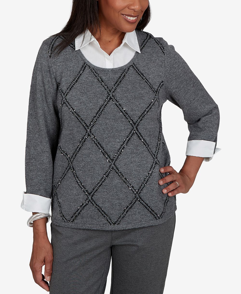 Женский джемпер Alfred Dunner Petite Scoop Neck 3/4-Sleeve Embellished Pullover