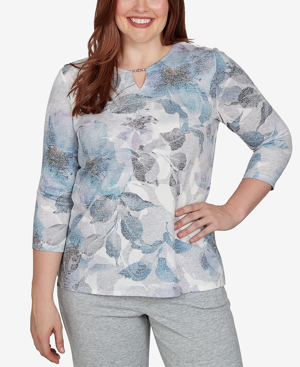 Alfred Dunner Petite трикотажный топ с цветочным принтом и вырезом с отверстием
