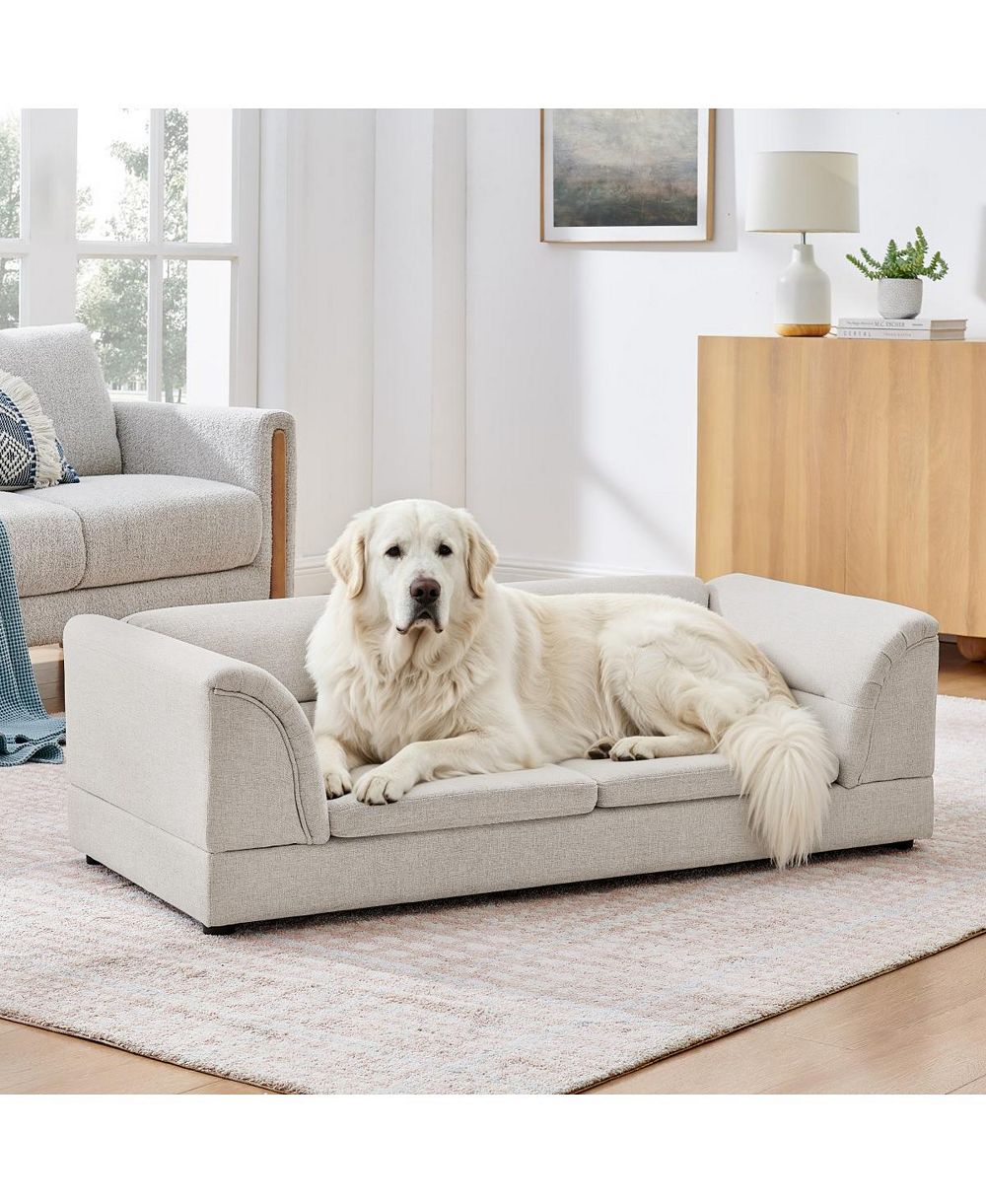 6thdruple Linen Oversized Pet Sofa Bed, Raised Dog Couch with Foam Cushion for Large Dogs