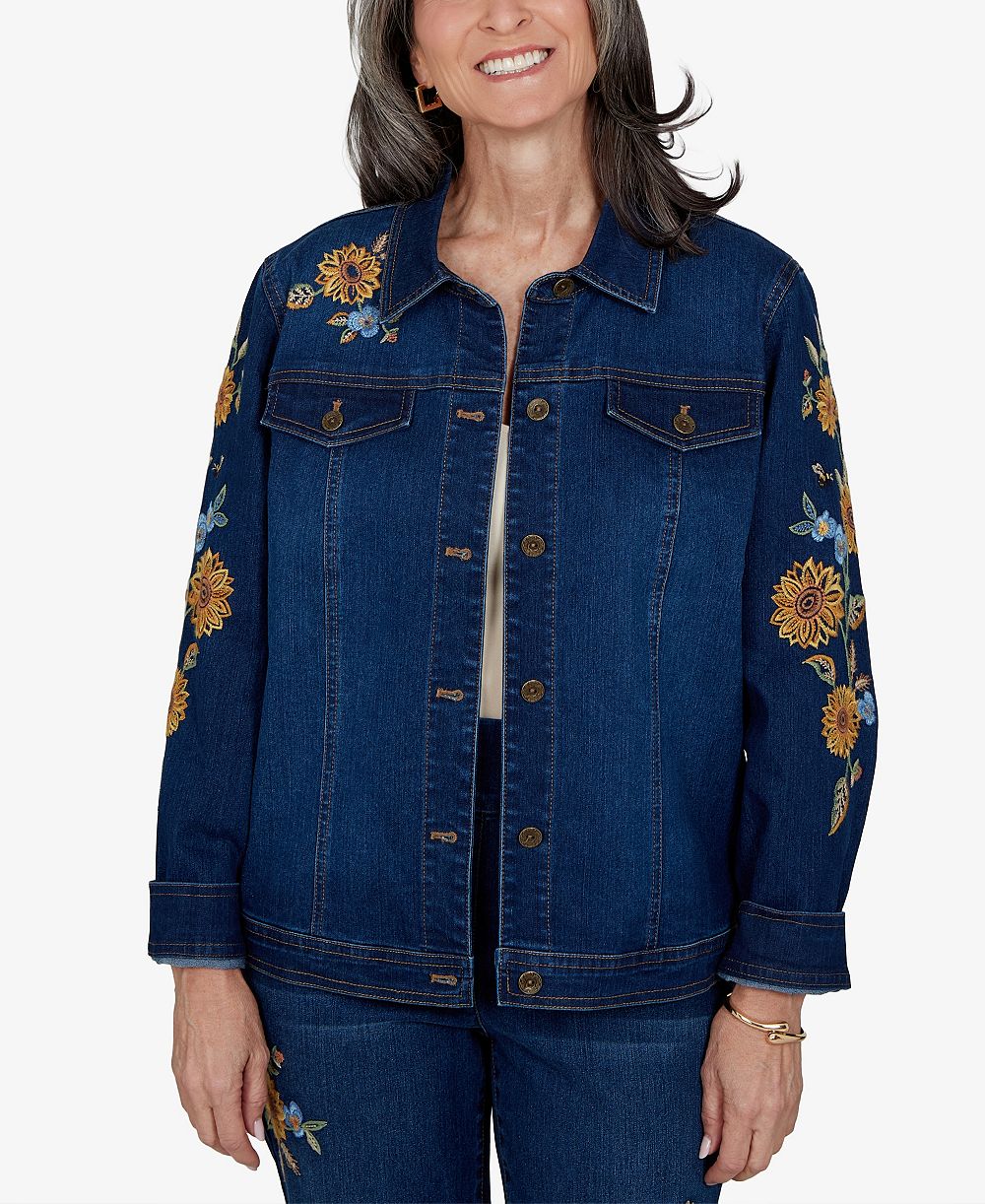 Alfred Dunner Women's Denim Floral-Embroidered Short Jacket