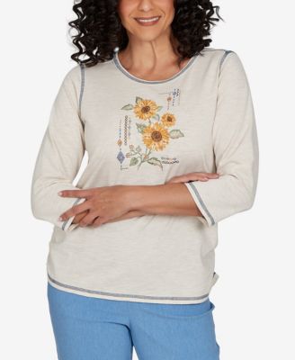 Alfred Dunner Women's Crewneck 3/4-Sleeve Sunflower Embroidery T-Shirt