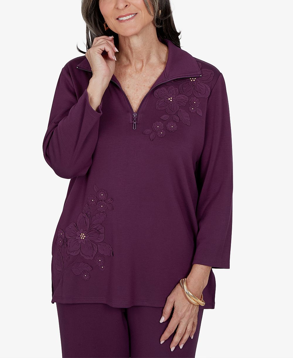 Alfred Dunner Women's 3/4-Sleeve Collared Floral Applique Knit Top