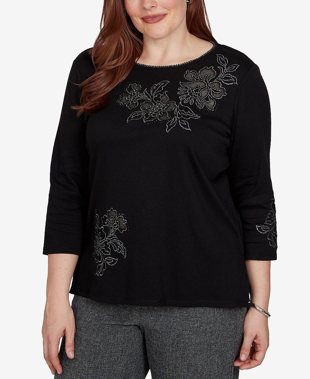 Alfred Dunner Women's 3/4-Sleeve Crewneck Floral Cotton-Blend Top