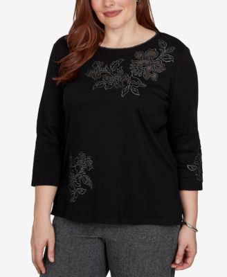 Alfred Dunner Women's 3/4-Sleeve Crewneck Floral Cotton-Blend Top