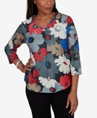 Alfred Dunner Women's Floral V-Neck 3/4-Sleeve Blouse