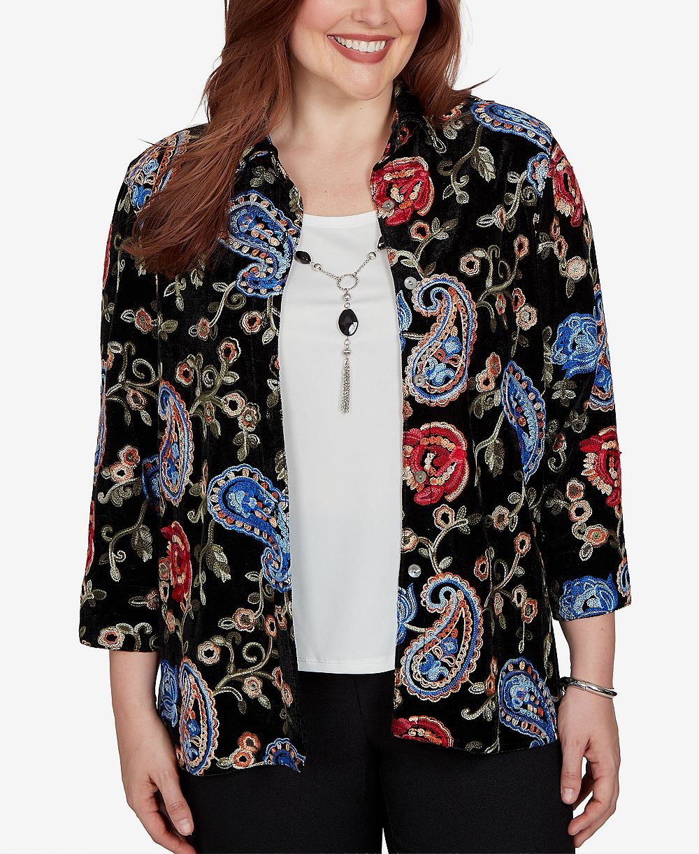 Блузка Alfred Dunner Women's Knit Floral-Print Velvet 3/4-Sleeve