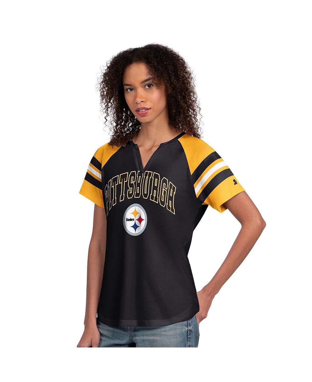 Женская футболка Starter с вырезом-каре и регланом, черная, с принтом Pittsburgh Steelers
