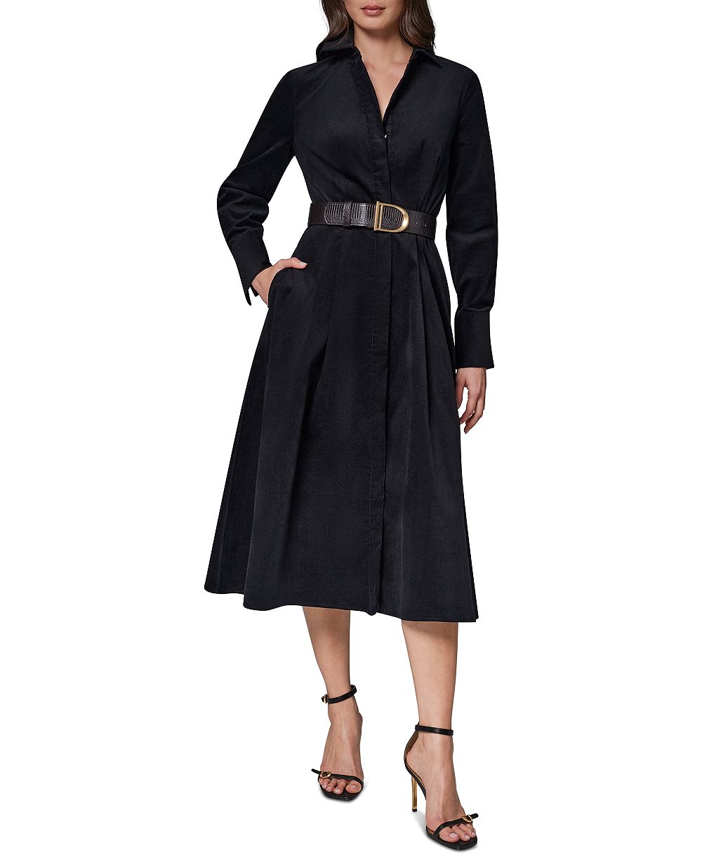 Donna Karan New York Женское платье-рубашка миди из вельвета с длинным рукавом и поясом