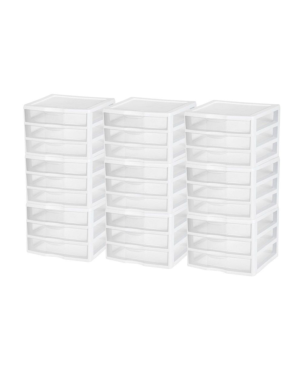 Система хранения Sterilite Clear Plastic Stackable Small 3 Drawer, белая, набор 9 шт.