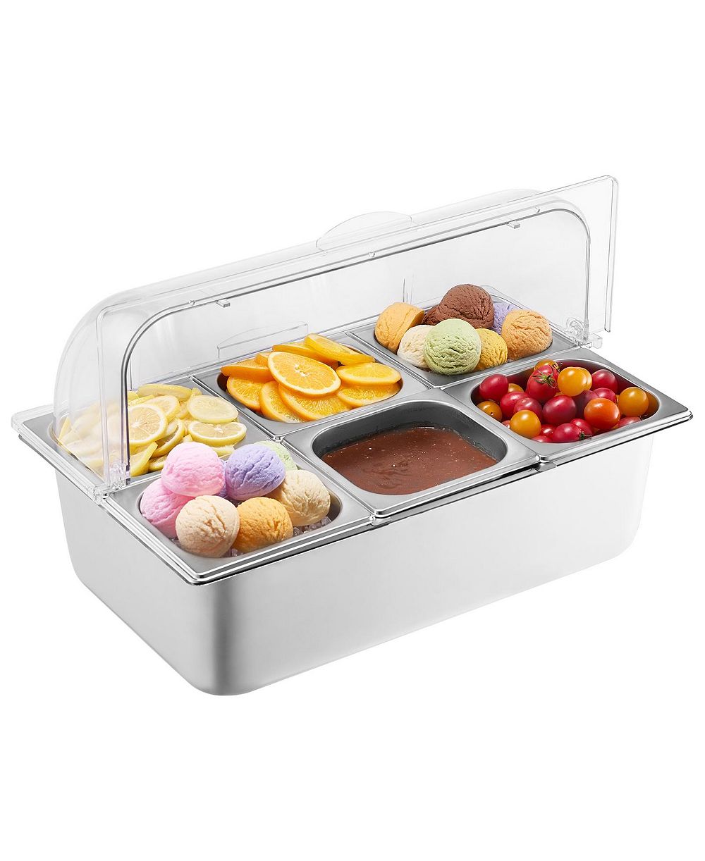 SUGIFT 6 Pan Stainless Steel Countertop Food Serving Display Rack with Clear Lid and Freezer Boxes