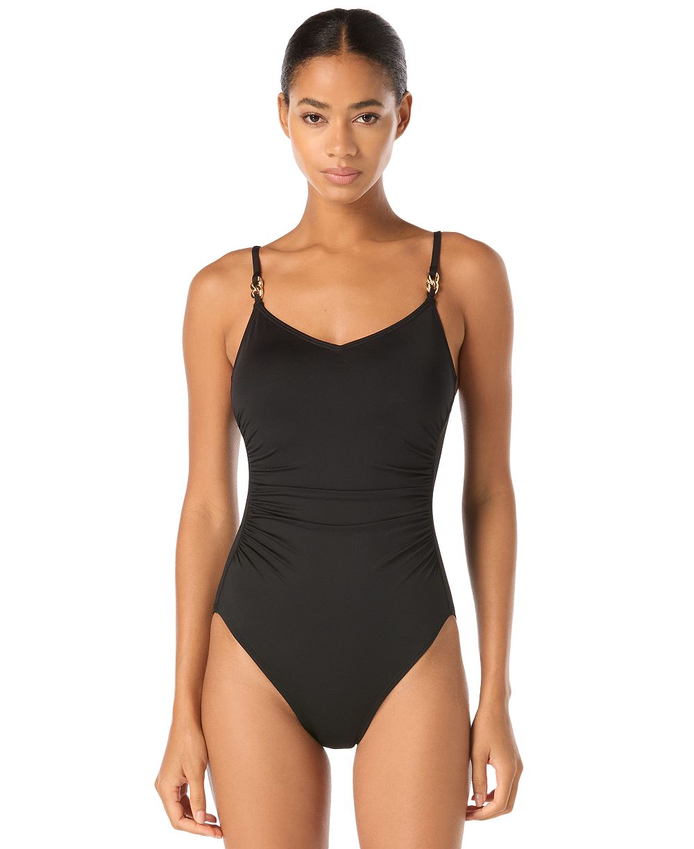 MICHAEL Michael Kors Women's Hardware Detail V-Neck Ruched One-Piece Swimsuit