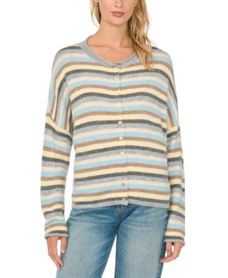 CeCe Women's Striped Crewneck Long-Sleeve Cardigan Sweater