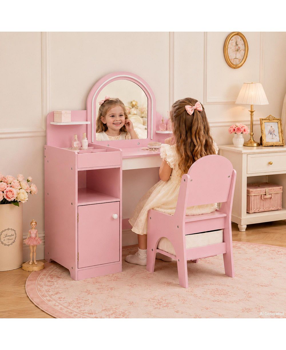 Kinder King LED-Lighted Mirror Vanity Set with Storage Drawer and Stool, 2-Piece, Ages 3+