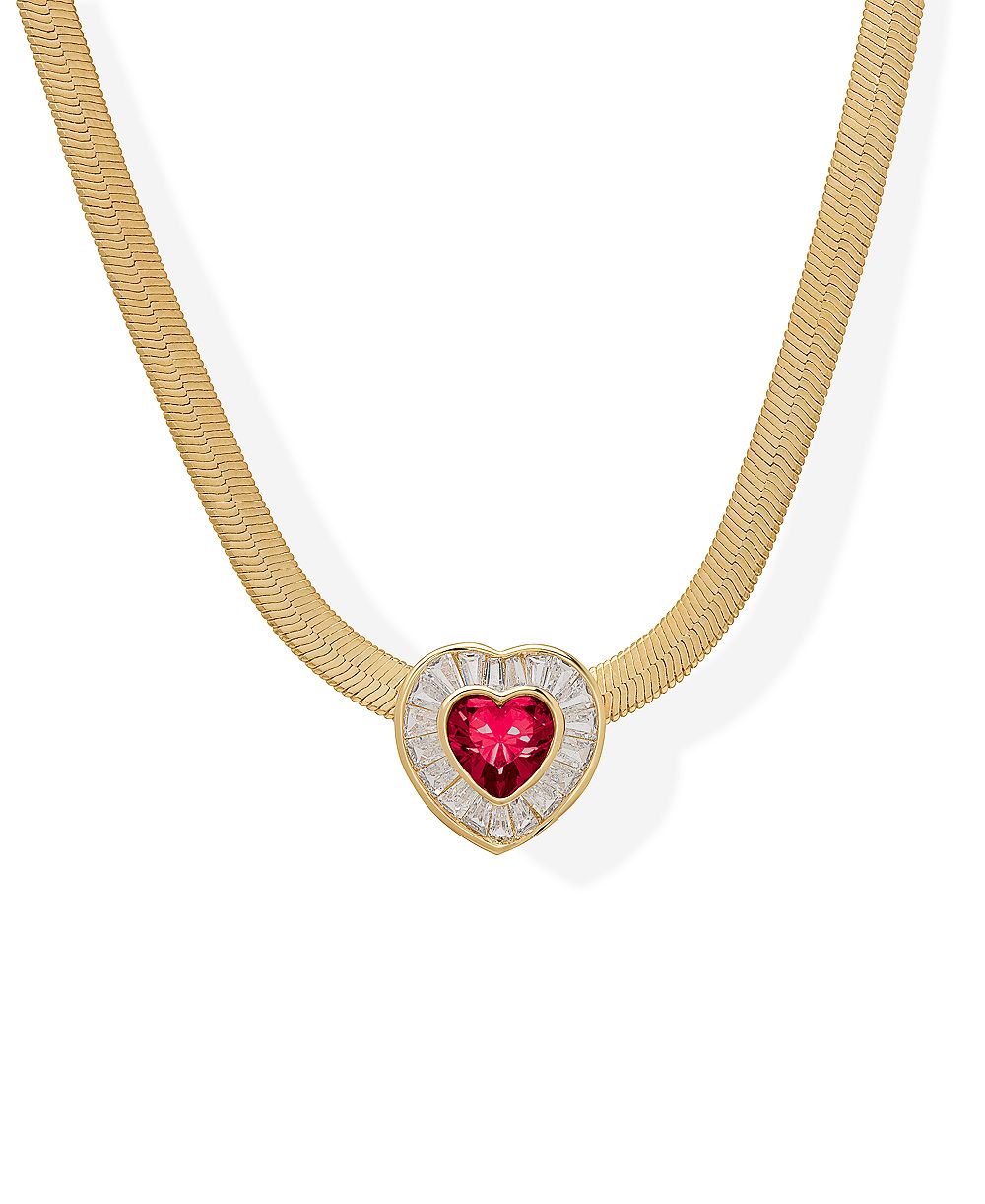 Macy's Simulated Ruby and Cubic Zirconia Baguette Heart on Herringbone Necklace