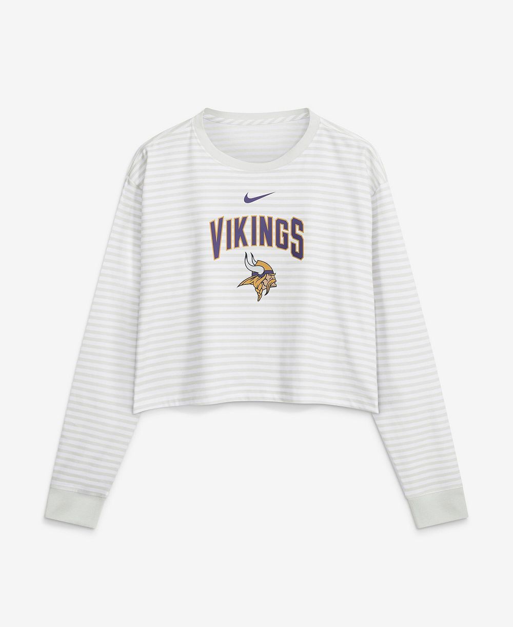 Женская укороченная футболка Nike с длинным рукавом и круглым вырезом Loose-Fit для фанатов Minnesota Vikings