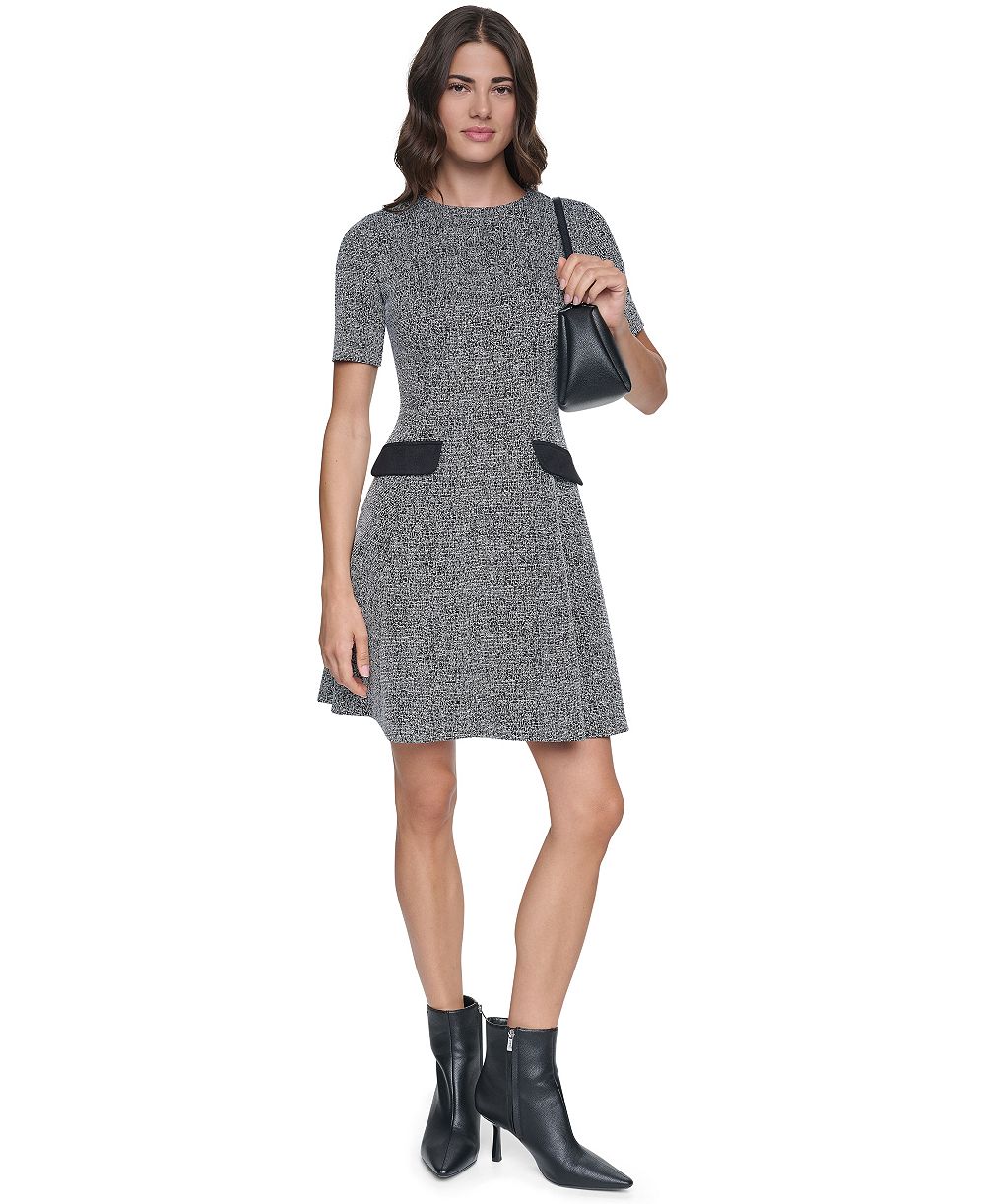 DKNY женское платье фасона трапеция с коротким рукавом и круглым вырезом, из фактурного трикотажа