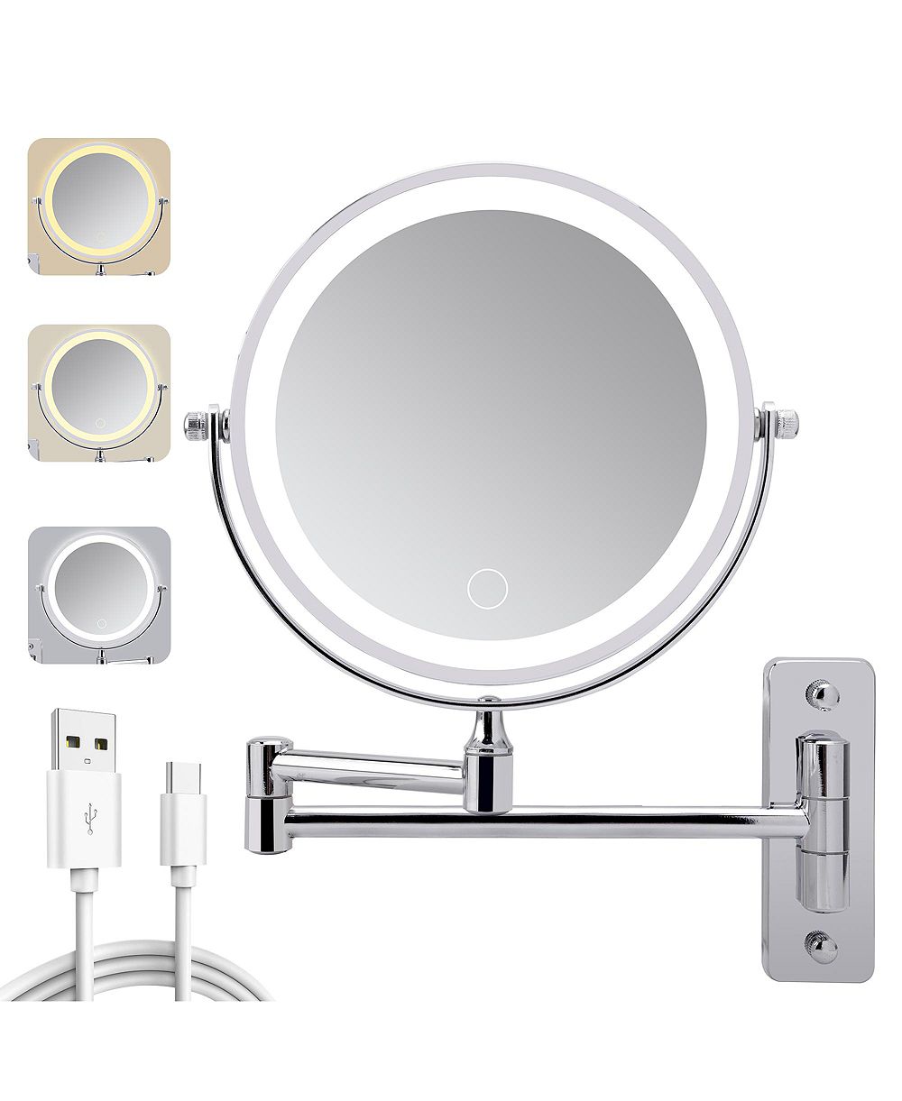BUSDAYS Wall Mounted Lighted Makeup Mirror 1000mAh Rechargeable Double Sided 1x 10x Magnifying 3 Color Lights Touch Dimmable 360 Rotation Extended Arm