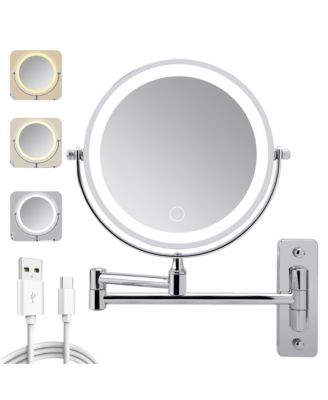 BUSDAYS Wall Mounted Lighted Makeup Mirror 1000mAh Rechargeable Double Sided 1x 10x Magnifying 3 Color Lights Touch Dimmable 360 Rotation Extended Arm