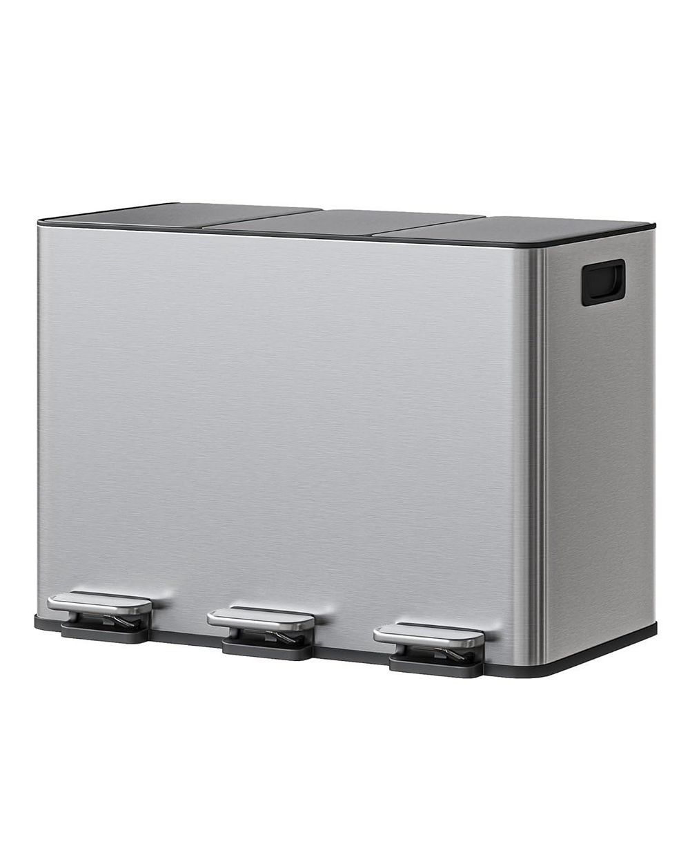 gaomon 3-in-1 12 Gal Stainless Steel Recycling Trash Can, Kitchen Garbage Bin with Soft-Close Step Lid