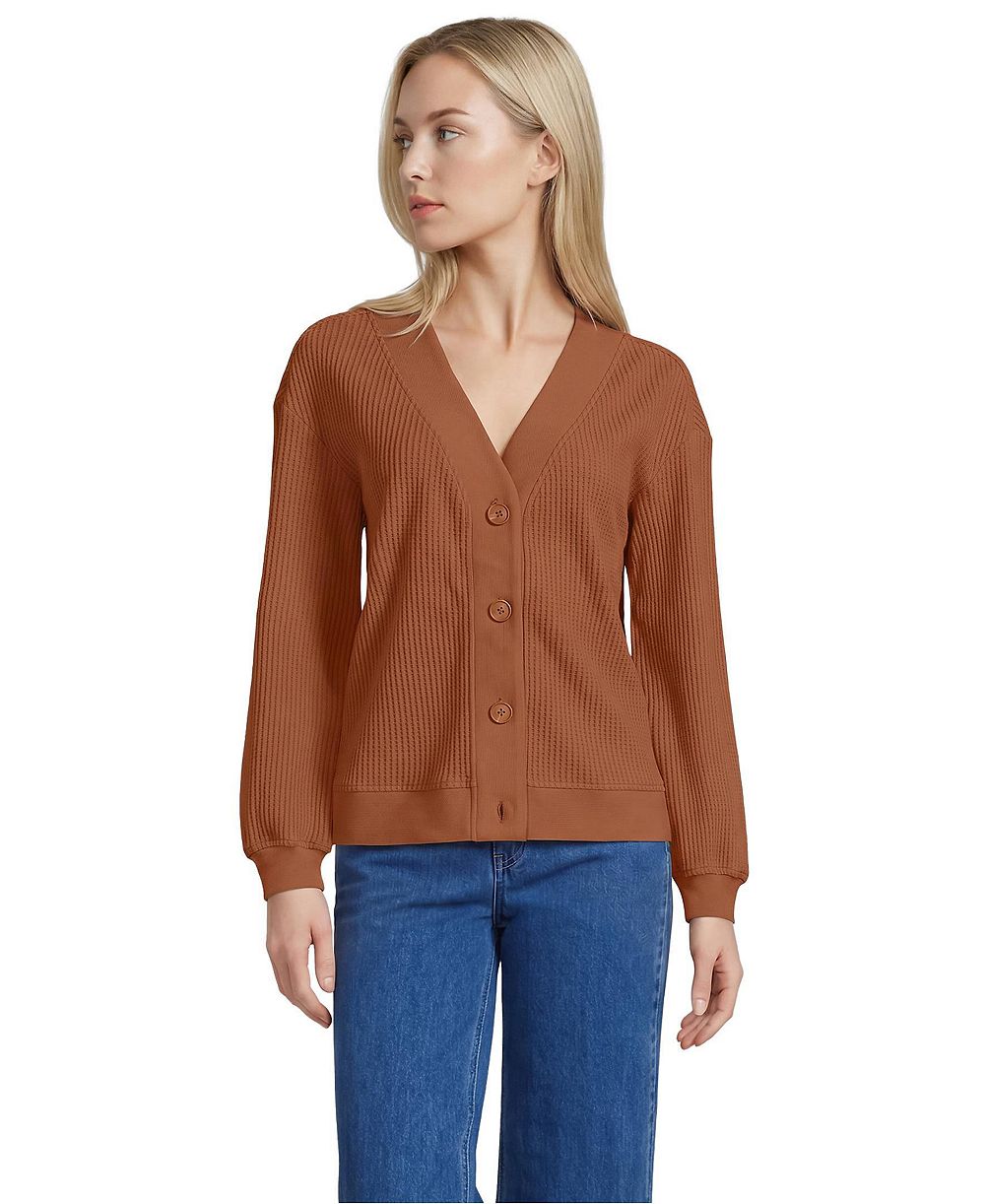 Lands' End Women's Waffle-Knit V-Neck Cotton-Blend Cardigan