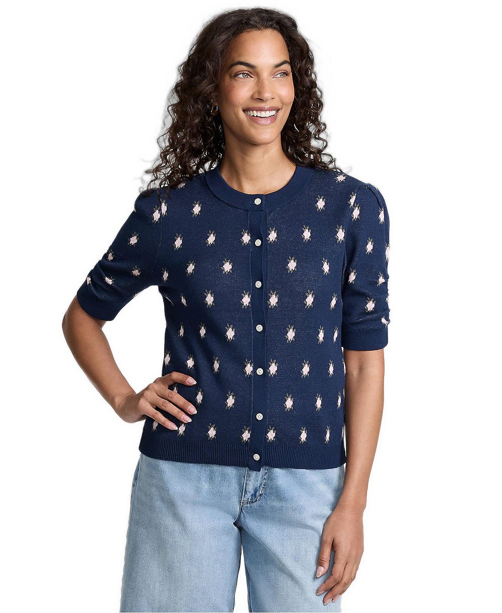 Lands' End Women's Fitted Ruched Puff-Sleeve Cardigan