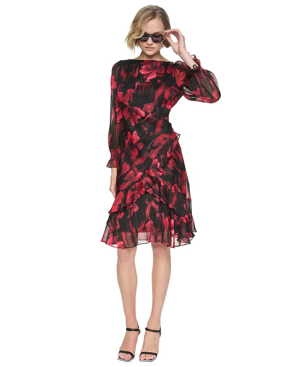 Женское платье DKNY с цветочным принтом, лодочкой и длинным рукавом, размер Petite