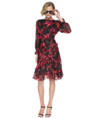DKNY Petite Boat-Neck Long-Sleeve Floral-Print Dress