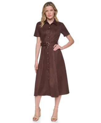 Женское платье-рубашка DKNY Petite из искусственной замши с коротким рукавом и длиной миди