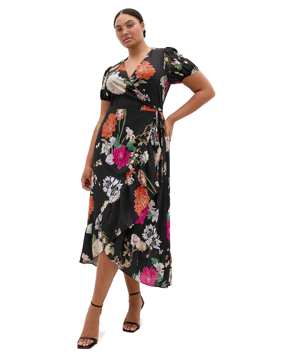 Платье CITY CHIC Plus Size Belle с цветочным принтом, V-образным вырезом и коротким рукавом, фасон wrap