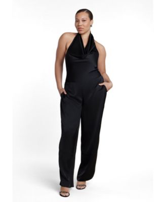 ELOQUII Plus Size Halter Cowl Neck Satin Jumpsuit