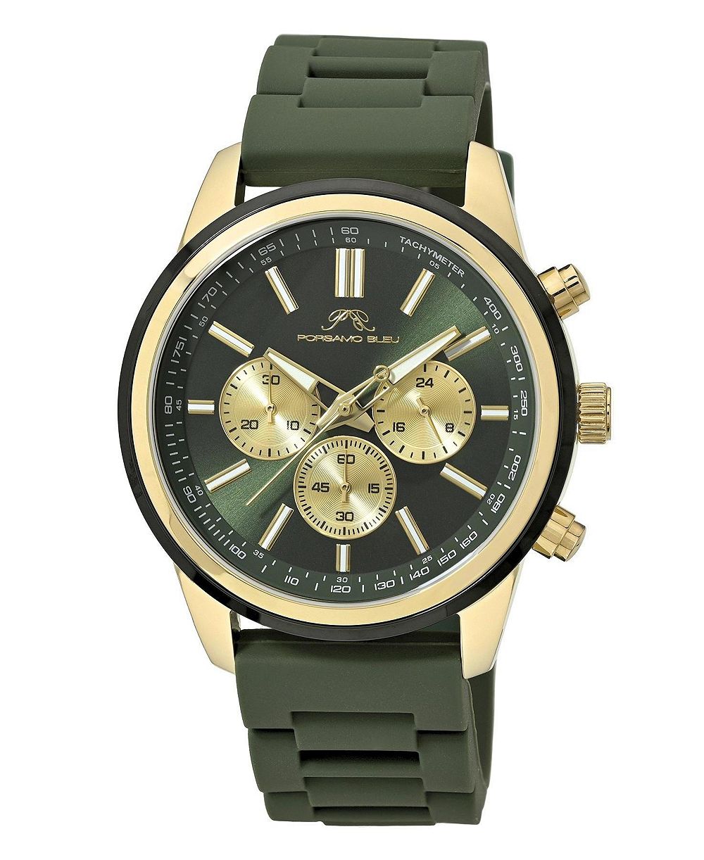 Porsamo Bleu Men's Logan Chronograph Green Silicone Strap Gold Tone Watch 44 mm