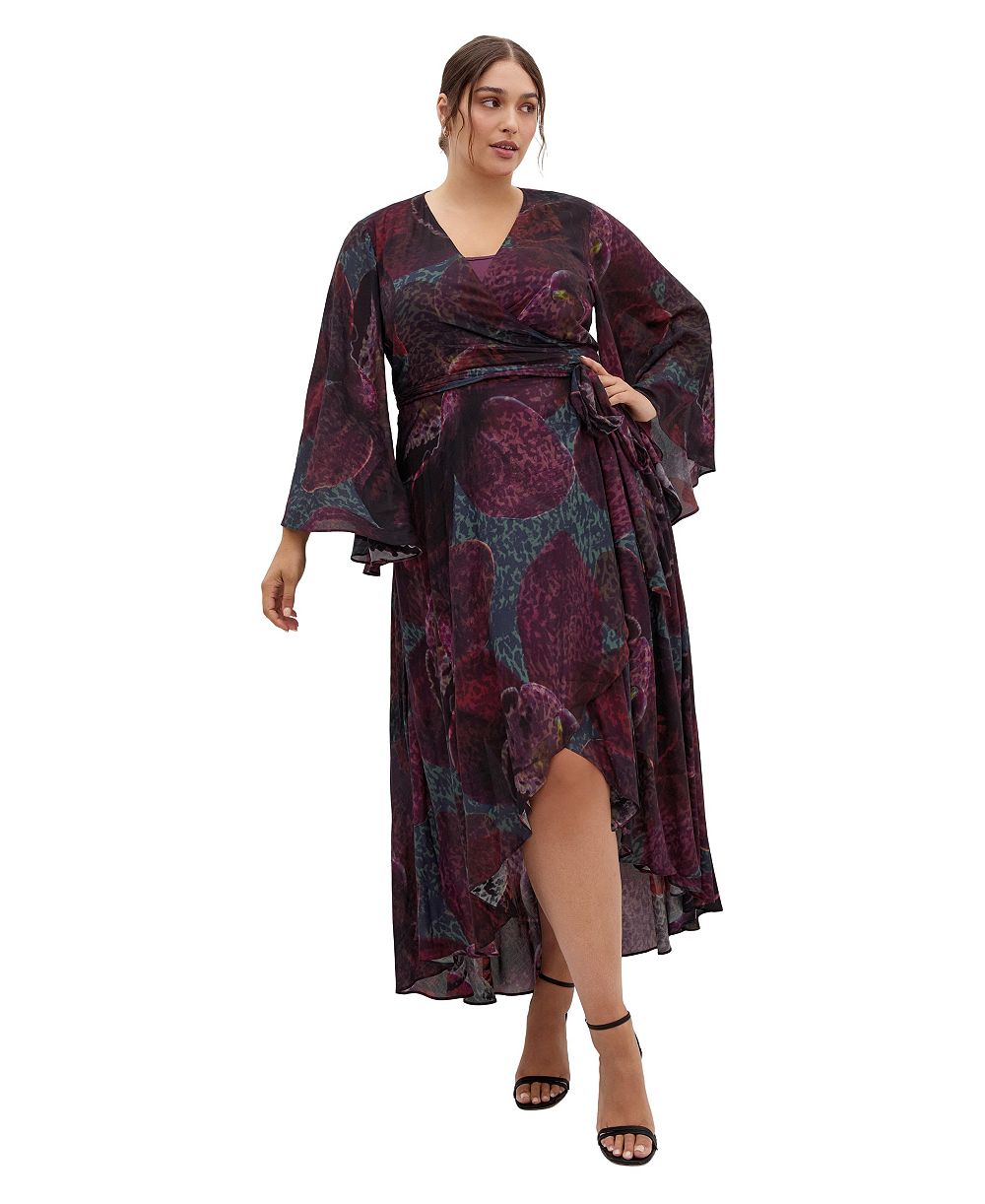Женское платье макси CITY CHIC Plus Size Evangeline V-Neck Bell-Sleeve Floral-Print Wrap