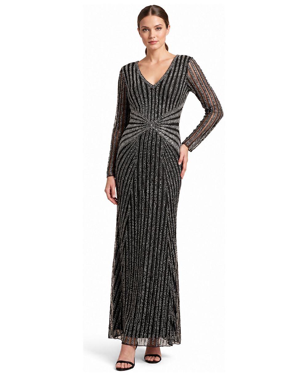 Lara Women's Long-Sleeve Beaded V-Neck Gown