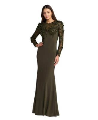 Mac Duggal Women's Jersey Long Sleeve Fitted Gown With Floral Beading