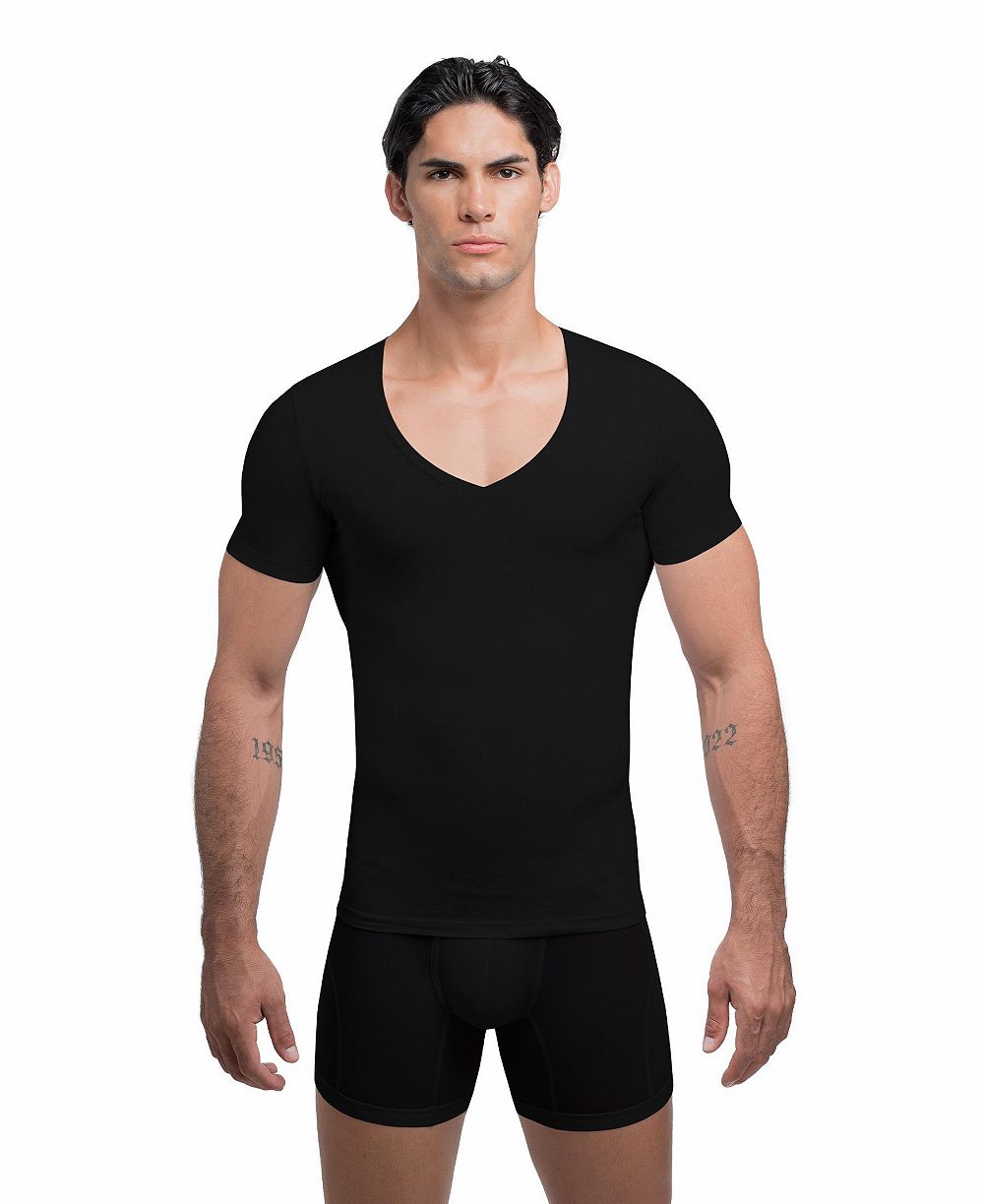 Rounderbum Men's Compression Slim-Fit Deep V-Neck Cotton-Blend T-Shirt