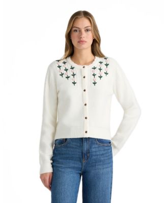 NVLT Women's Floral Scalloped Crew Neck Cardigan