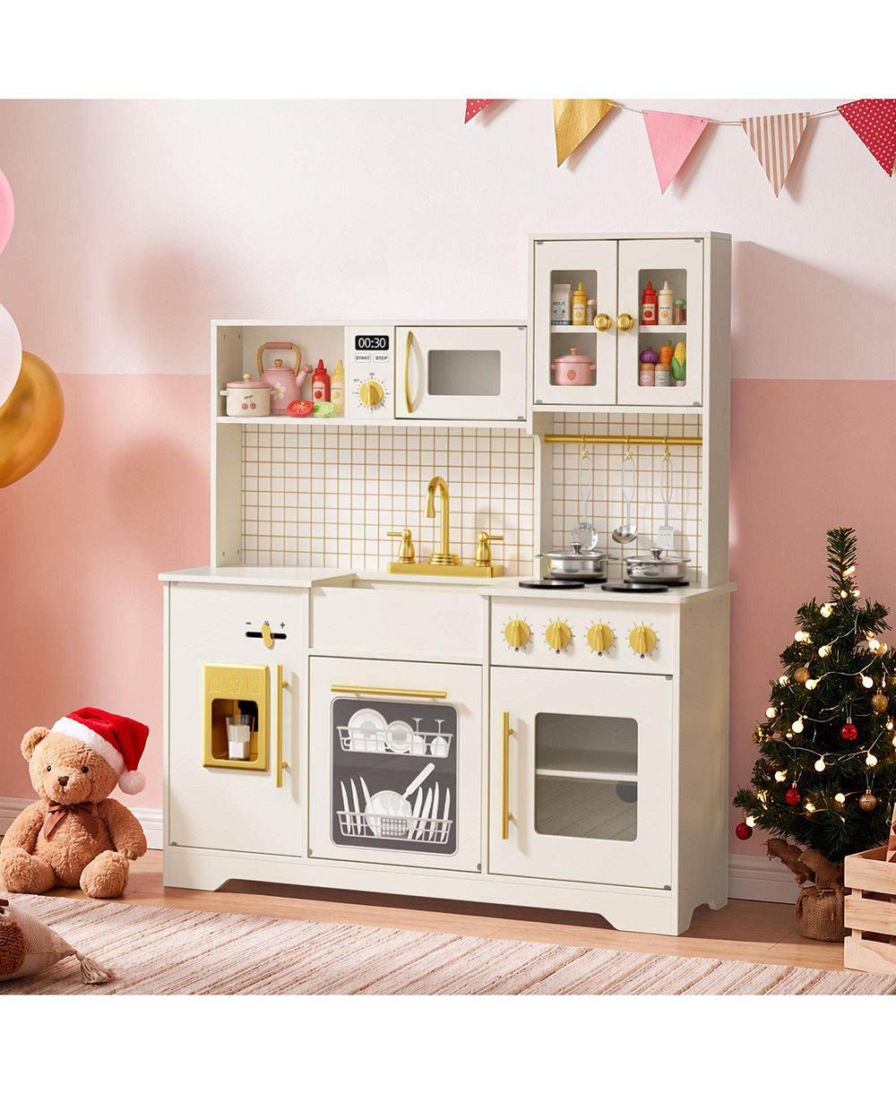Kinder King Kids Play Kitchen, Wooden Toy Kitchen Playset for Toddler, Pretend Oven, Microwave, Kitchen Sets for Age 3+