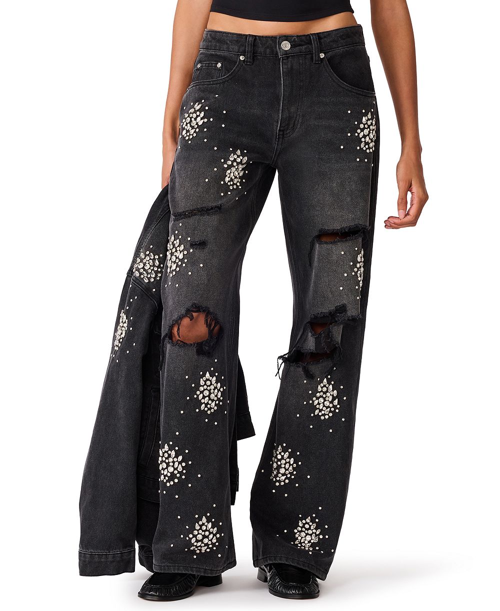 Steve Madden Women's Flat Iron High-Rise Wide-Leg Distressed Jeans