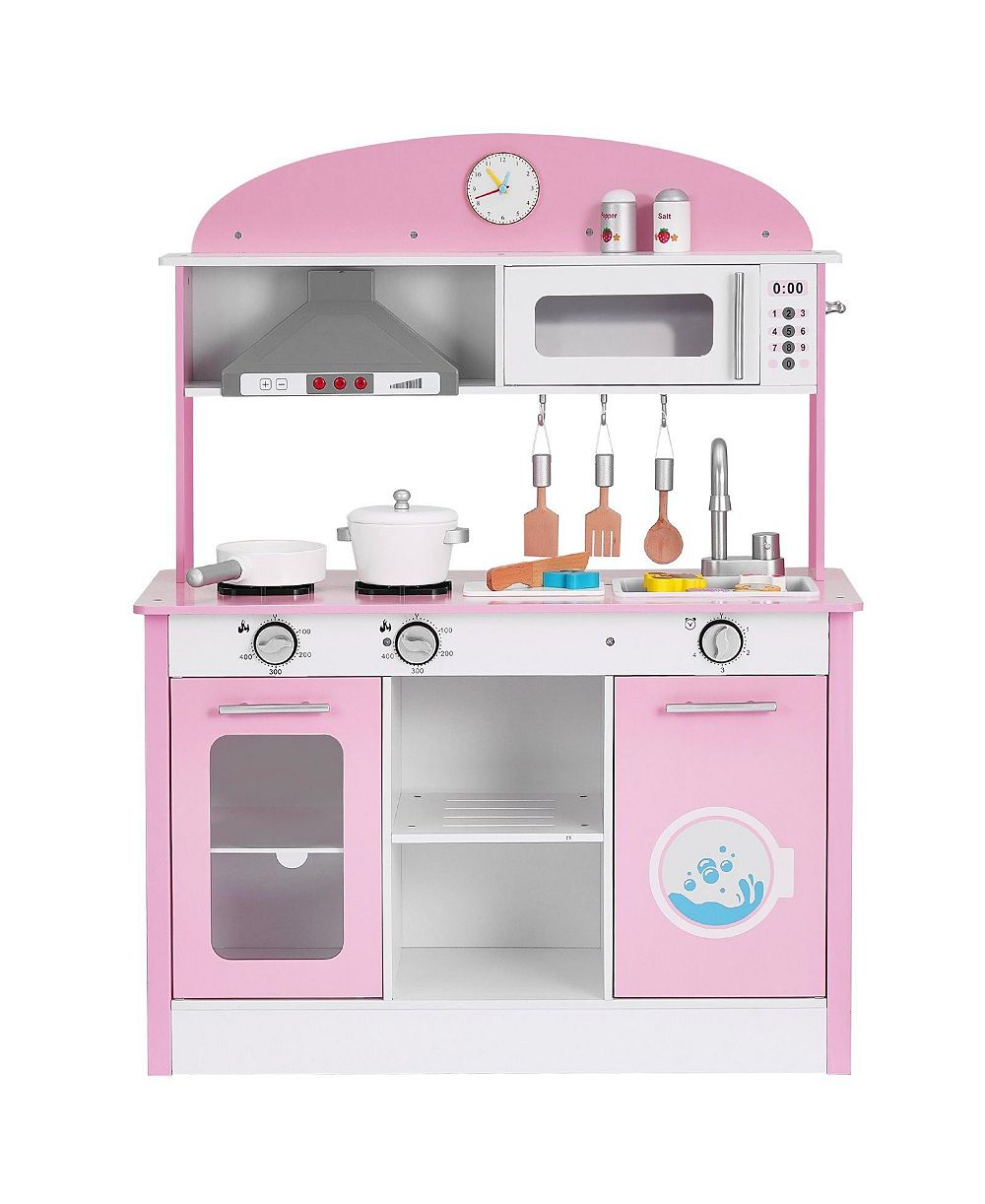 SUGIFT Lights and Sounds Wooden Play Kitchen With Cookware and Food Accessories, Ages 3+