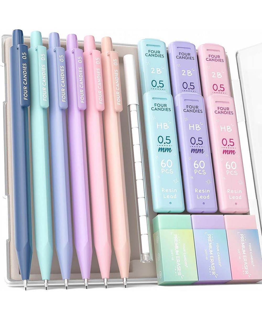 Four Candies Cute Mechanical Pencil Set 6 Pack 0.5mm, 360 HB/2B Leads Erasers Storage Case, Triangular Grip