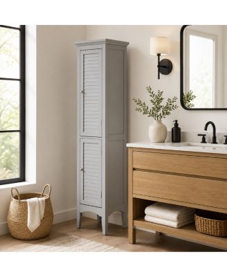 Teamson Home Freestanding Linen Tower with Two Faux Louvered Doors, Gray, 63in