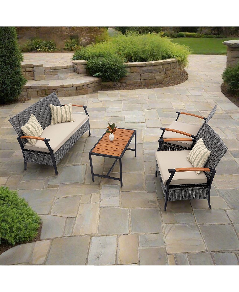 Teamson Home - Outdoor 4 Piece Steel frame Conversation Set with Wood Armrests and Cushions