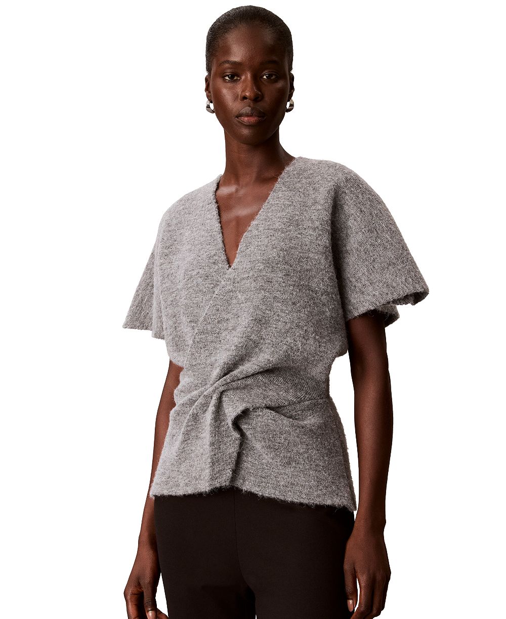 Calvin Klein Petite Twist-Knot V-Neck Short-Sleeve Sweater