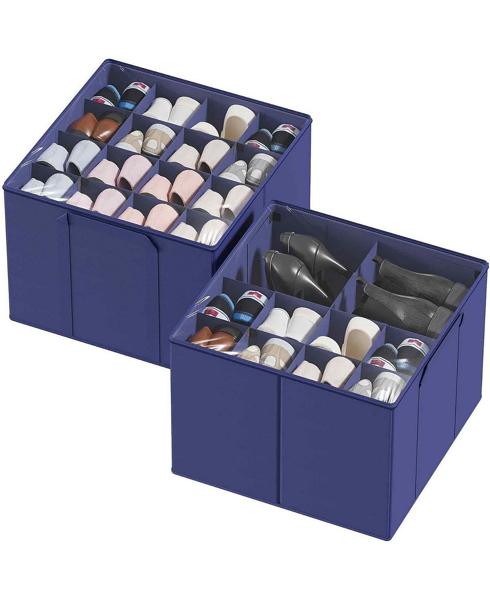 SpaceAid 2 Pack Shoe Storage Organizer for closet, a set of 2 foldable shoe storage containers with adjustable dividers,Blue