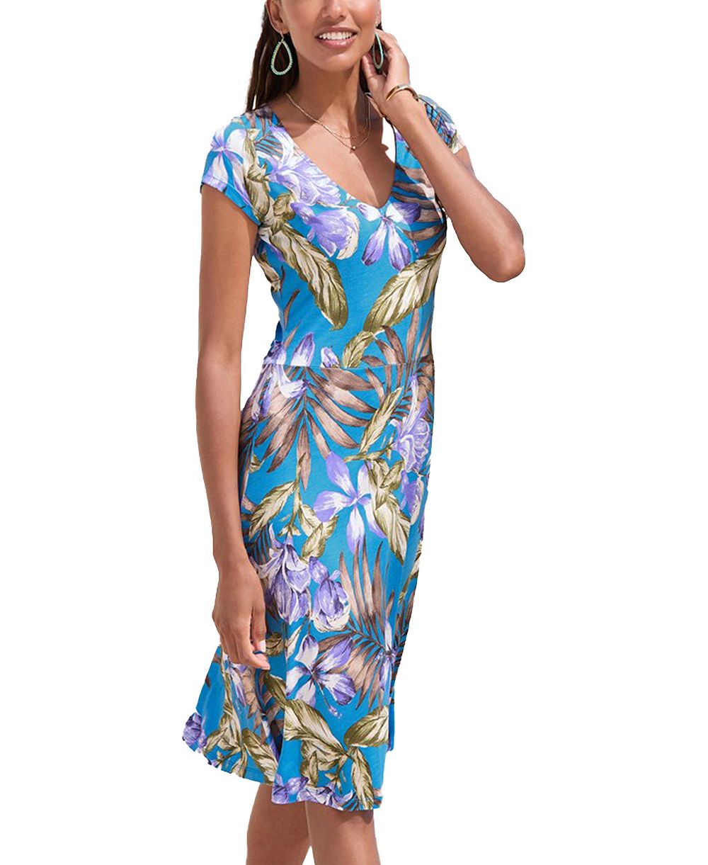 LASCANA Women's Viscose Printed Pattern A-Line V-Neck Short Dress