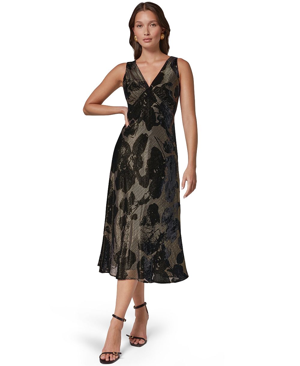 Donna Karan New York женское миди-платье А-силуэта с цветочным принтом из металлического бархата с эффектом выжигания