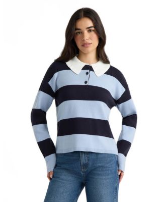 Hunter Women's Rugby-Stripe Ruffled Polo-Collar Sweater