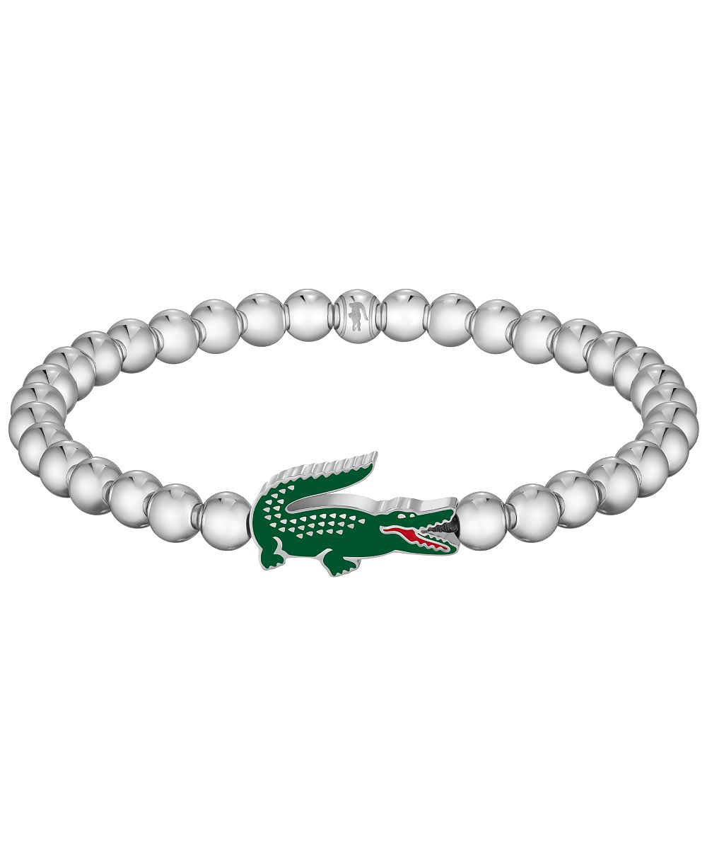 Мужской браслет Lacoste из нержавеющей стали с серебристым покрытием и зелеными эмалевыми бусинами в виде крокодила