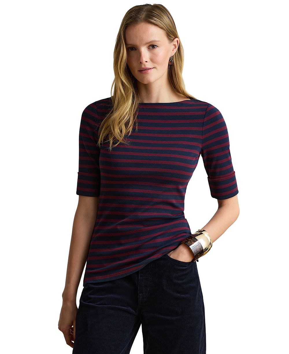 Lauren Ralph Lauren Petite Striped Stretch Cotton Boat Neck Top