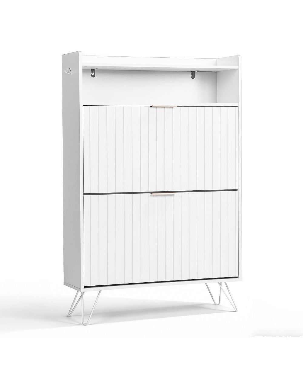 Slickblue Entryway Shoe Cabinet with Slatted Front, Flip Drawers and Side Hooks